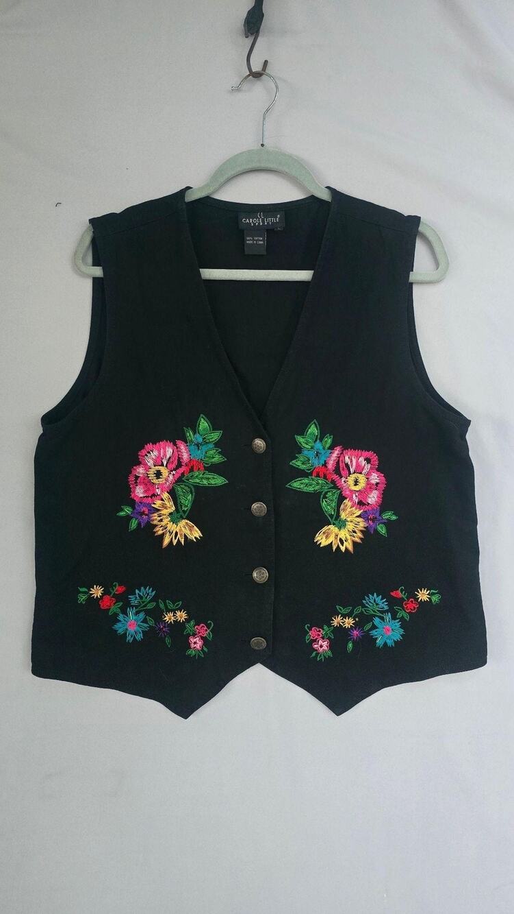 Carole Little Sport Vest Womens Large Black Floral Embroidered Button Front